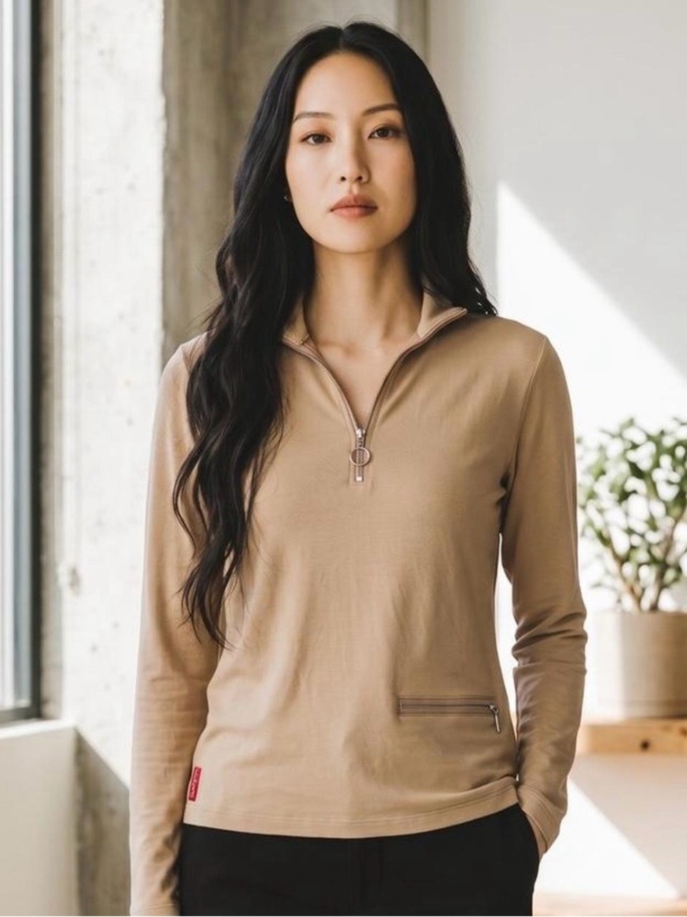 Bugatchi | Camel 1/4 Zip Long Sleeve Top | S